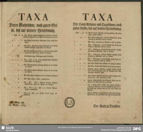 Taxa Derer Fuhrlöhne, nach guten Gelde, biß auf weitere Verordnung