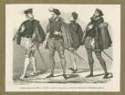 4 Edelleute aus der Zeit um 1572 in Waffenrock und Mütze, umgehängtes Schwert, Vorder-Seiten und Rückansicht