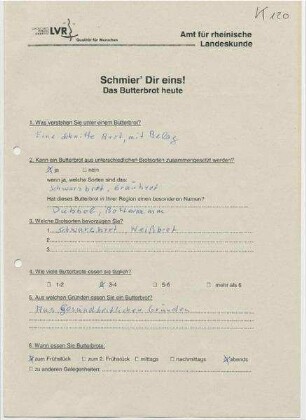 Schmier' dir eins! - Das Butterbrot heute Ausgefüllter Fragebogen