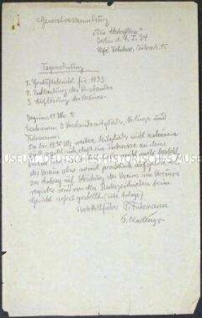 Handschriftliches Protokoll der Generalversammlung der Künstlervereinigung "Die Zeitgemäßen" (Die Abstrakten) vom 07. Januar 1934 - Sachkonvolut