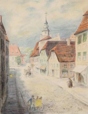Kurt Lange - Stadtansicht 1927/43 - Blick zum Brückenplatz, Altes Rathaus rechts im Bild