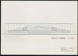 Mensa und Hochschulbibliothek, Karlsruhe Erweiterung: Tribünengebäude ehemaliges Hochschulstadion, Ansicht Norden, 1:200