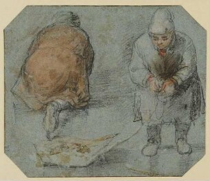 Kniender Schlittschuhläufer und Knabe mit Schiffchen auf dem Eise