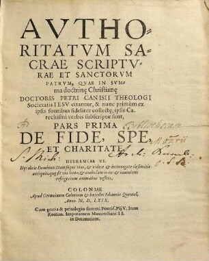Avthoritatvm Sacrae Scriptvrae Et Sanctorvm Patrvm. 1, De Fide, Spe et Charitate