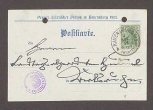 Glückwunschpostkarte "Freischärler 1848, Ravensburger Bürgerwehr" von M. Iltseg an Hermann Hummel, 1 Postkarte