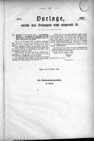 Anlagen: (214), Vorlagen, welche den Zeitungen nich mitgeteilt sind, 25. Februar 1921