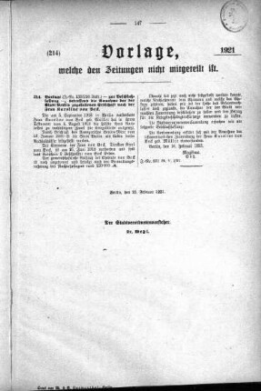 Anlagen: (214), Vorlagen, welche den Zeitungen nich mitgeteilt sind, 25. Februar 1921