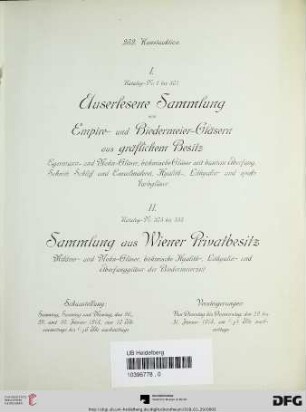 Nr. 282: Kunstauktion / Dorotheum: Auserlesene Sammlung von Empire- und Biedermeier-Gläsern aus gräflichem Besitz : Egermann- und Mohn-Gläser, böhmische Gläser mit buntem Überfang, Schnitt, Schliff und Emailmalerei, Hyalith-, Lithyalin- und opake Farbgläser ; Katalog-Nr. 1 bis 304, [Teil] 1