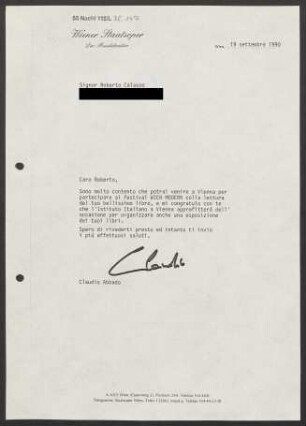 Brief an Roberto Calasso, 19.09.1990