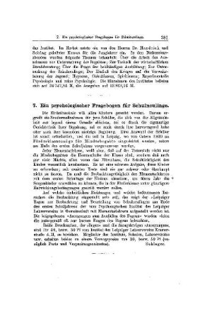 Ein psychologischer Fragebogen für Schulneulinge : [Mitteilungen]