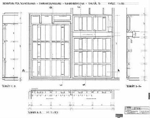Stuttgart-Zuffenhausen: Neubau Empfangsgebäude, Deckenplan der Schalterhalle , Fahrkartenausgabe, Kundenberatung, Bauteil B, Schnitt A-B, C-D, E-F Empfangsgeb. Deckenspiegel