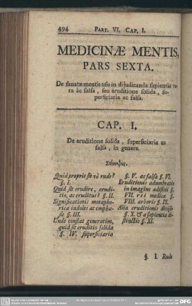 Pars Sexta. De sanatae mentis usu dijudicanda sapientia vera ac falsa, seu eruditione solida, superficiaria ac falsa