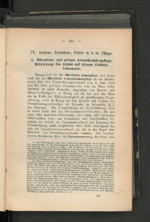 IV. Armen-, Kranken-, Irren- usw. Pflege.