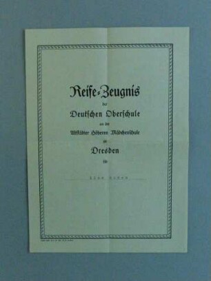 Reifezeugnis der Deutschen Oberschule für Ilse Boden