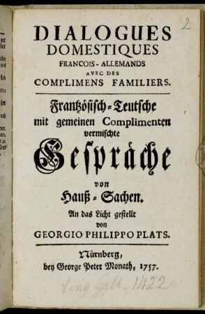 Dialogues Domestiques François-Allemands Avec Des Complimens Familiers