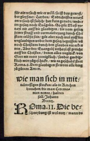 Wie man sich in mittelmessigen stucken/ als in Kirchen breuchen/ die man Ceremonien nennt/ halten soll/ Johann Brentz.