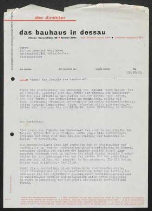 Brief von Walter Gropius von Bauhaus  an Gerhart Hauptmann