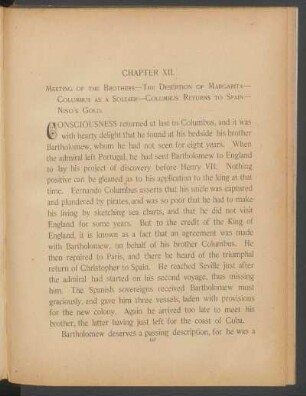 Chapter XII. : Meeting of the brothers - The desertion of Margarita - Columbus as a soldier - Columbus returns to Spain - Nino's gold.