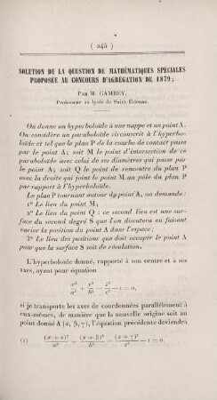 Solution de la question de mathématiques spéciales proposée au concours d'agrégation de 1879.