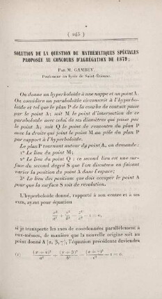 Solution de la question de mathématiques spéciales proposée au concours d'agrégation de 1879.