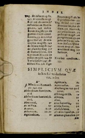 Simplicium Quæ in hoc Libro declarantur, Index.