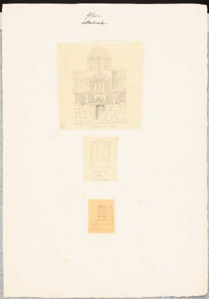 Kathedrale (Mitropolis), Athen: Drei Blätter: Perspektivische Vorderansicht, zwei Grundrisse, Maßstabsangabe, Maßstabsleiste
