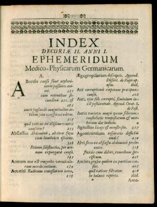 Index Decuriae II. Anni I. Ephemeridum Medico-Physicarum Germanicarum.