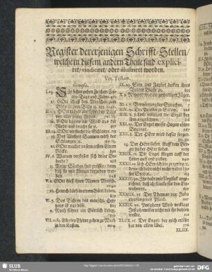 Register dererjenigen Schrifft-Stellen, welche in diesem Theile sind expliciert, vindiciret, oder illustriert worden