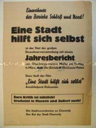 Maueranschlag des Rates der Stadt Chemnitz; Einberufung einer Einwohnerversammlung für die Bezircke Schloss und Nord