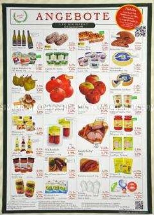 Werbeplakat des LPG-Biomarktes mit diversen Lebensmittelangeboten