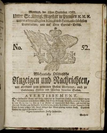 No. 52. Montags, den 28ten December 1767.