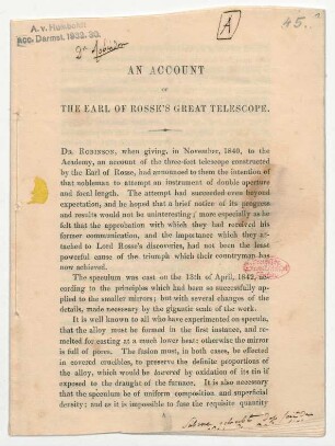 "An Account of the Earl of Rosse's Great Telescope."