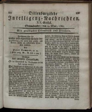 XX. Stück. Sonnabends: den 14. May, 1785.