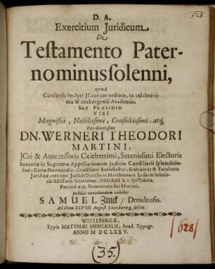 Exercitium Iuridicum De Testamento Paterno minus solenni