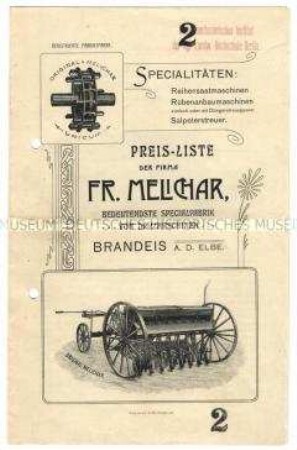 Preisliste über Drillmaschinen