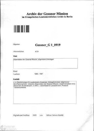Stipendiaten der Gossner Mission, allgemeine Unterlagen
