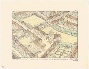Bebauungsplan Berlin-Treptow: Perspektivische Ansicht (Vogelschau) auf Parkstreifen am Kirchplatz (Druck von Inv.Nr. 20667)