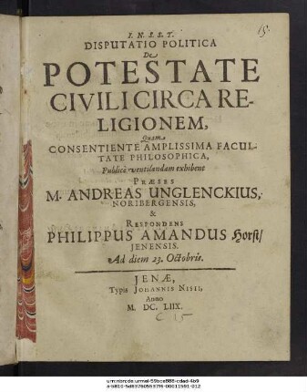 Disputatio Politica De Potestate Civili Circa Religionem