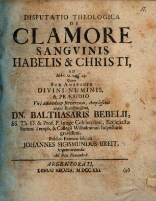 Disp. theol. de clamore sanguinis Habelis et Christi, ad Hebr. 12, 24