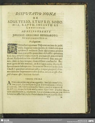 Disputatio Nona. De Adulterio, Stupro, Sodomia, Raptu, Incestu Et Lenocino