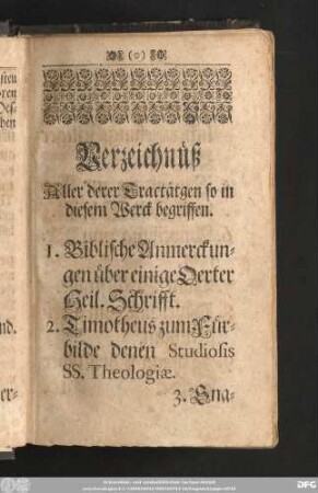 Verzeichnüß Allder derer Tractätgen so in diesem Werck begriffen.