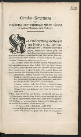 Circular-Verordnung wegen Einführung einer einförmigen Kleider-Tracht für sämtliche Königliche Forst-Bediente : [... Berlin, den ersten Februar 1786.]