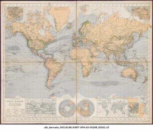 Allgemeine Welt-Karte in Mercator's Projection zur Uebersicht der Postschifffahrt und neuerer Reisen um die Erde