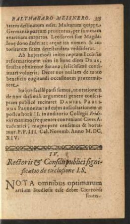 IV. Rectoris & Consilii publici significatio de exclusione I. S.
