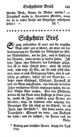 Sechzehnter Brief [IV. Beytrag zum deutschen Theater]