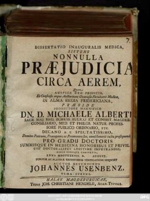 Dissertatio Inauguralis Medica, Sistens Nonnulla Praejudicia Circa Aerem