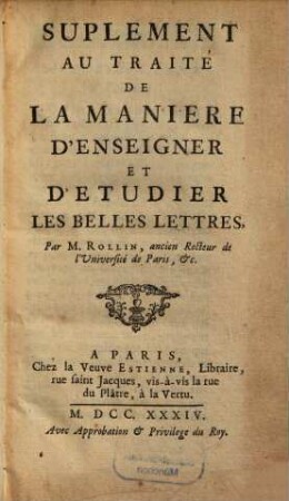 Suplement Au Traité De La Manière D'Enseigner Et D'Etudier Les Belles Lettres