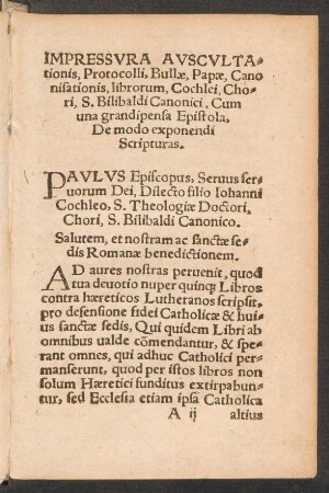 Impressura Auscultationis, Protocolli, Bullae, Papae, Canonisationis, librorum, Cochlei, Chori, S. Bilibaldi Canonici ...