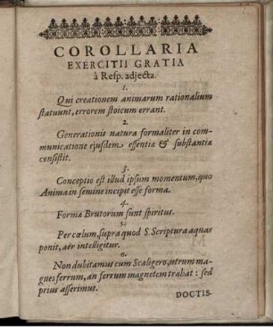 Corollaria Exercitii Gratia a Resp. adjecta