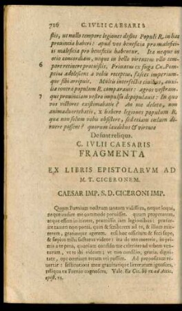 C. Iulii Caesaris Fragmenta Ex Libris Epistolarum Ad M. T. Ciceronem